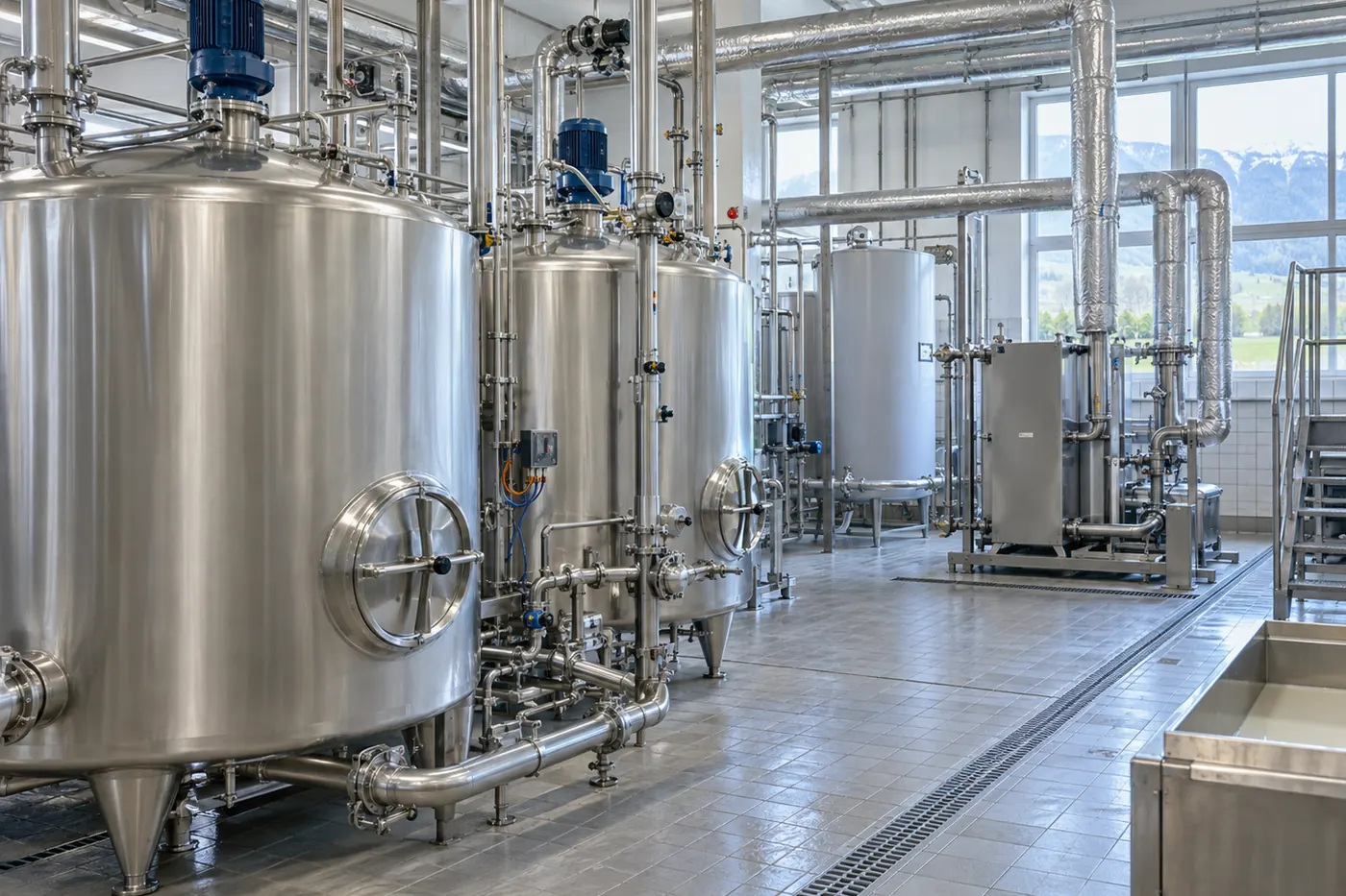 Salle de production d’une laiterie avec cuves de processus en inox et conduites isolées