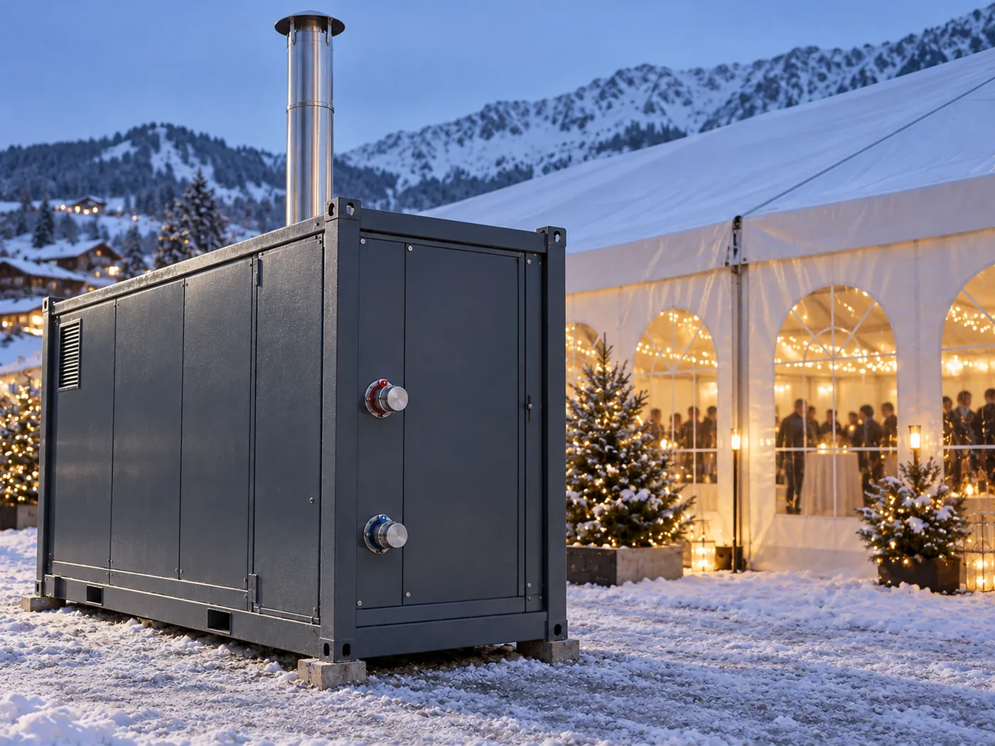 Anthrazitgrauer Heizcontainer mit Edelstahlkamin im Schnee neben einem beleuchteten Festzelt