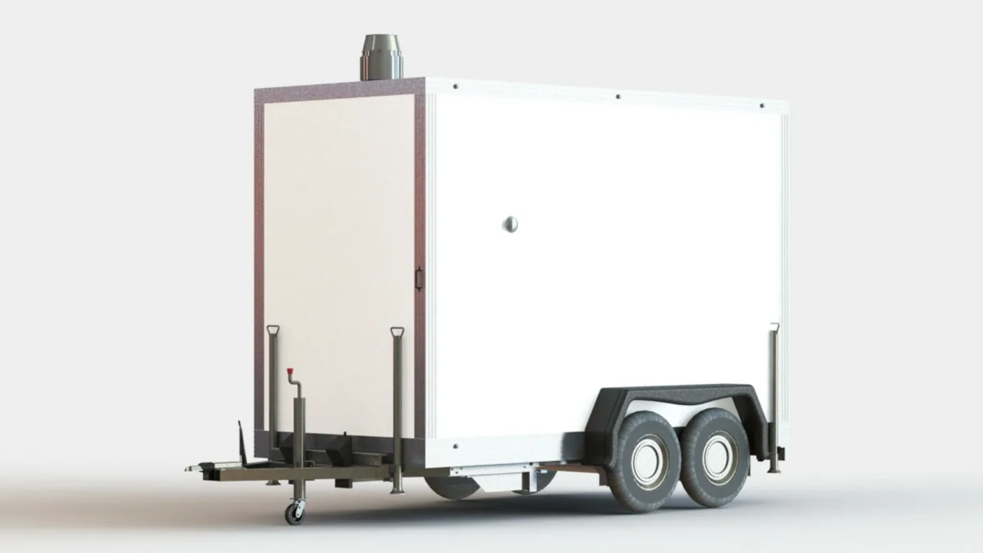 3D-Modell einer mobilen Heizzentrale als weißer Kofferanhänger mit Tandemachse, Edelstahl-Abgaskamin auf dem Dach, Stützen und Deichsel mit Stützrad vor hellem Hintergrund